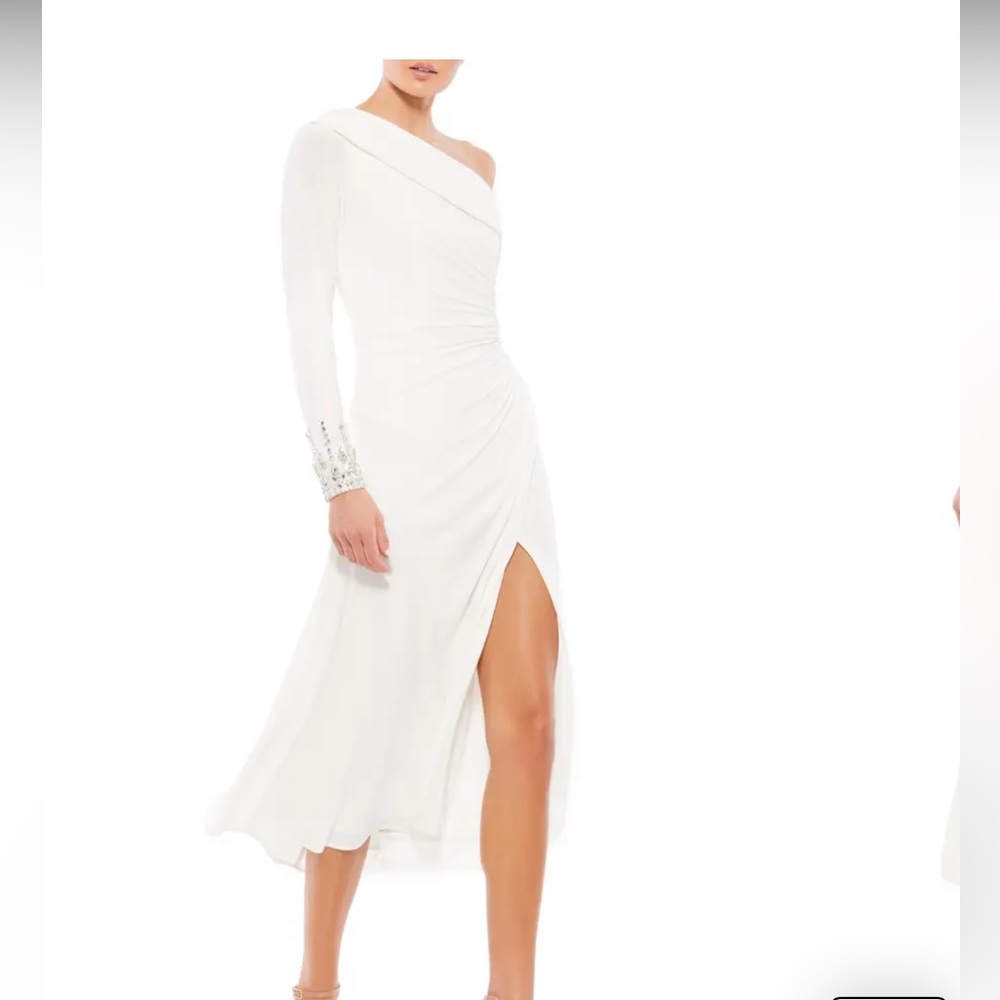 Mac Duggal 1 Shoulder Long Sleeve Jewel cuffs Jersey midi dres, SZ8, worn once.